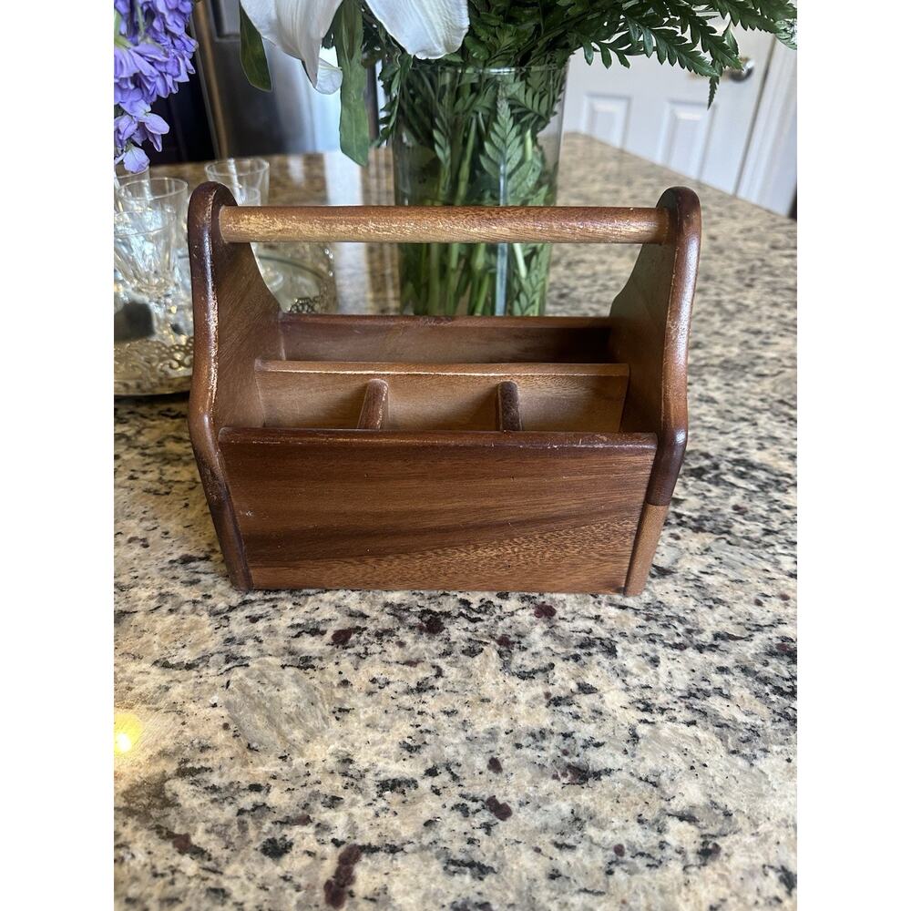 Vintage Hand Crafted Wooden Silverware CADDY or Remote Holder 8”x7”